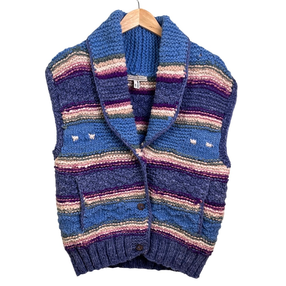VTG Worlds Apart Hand Made 100% Wool Scandinavian Heavy Sweater Vest USA Read